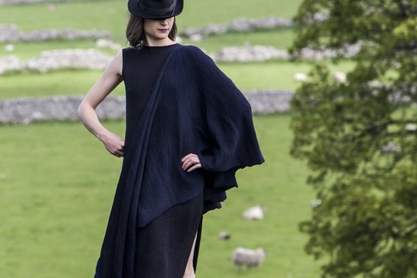 Navy shawl and dress in pure wool